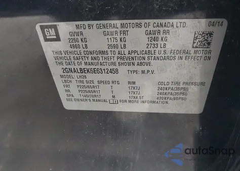 2014 Chevrolet Equinox 1Lt из США, поврежденный, VIN 2GNALBEK6E6312458